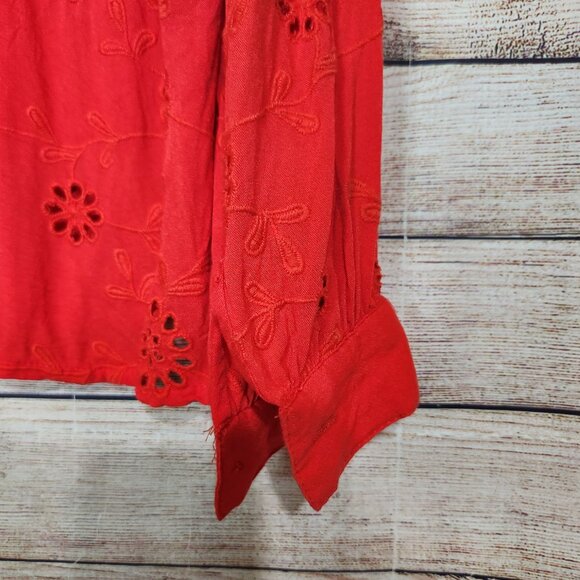 Nicole Miller Womens Artelier Long Sleeve Blouse Embroidered Eyelet Red Large - Picture 11 of 12